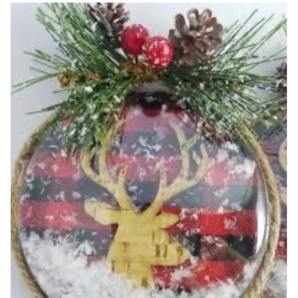 New Set Of 4 Snow Globe Plaid Deer Christmas Ornament Pine‎ Berries Farmhouse 4